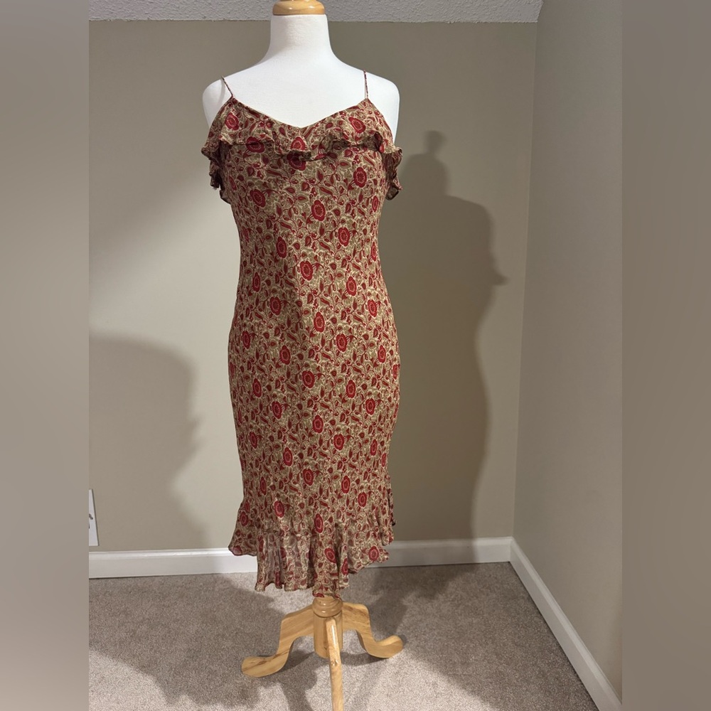 Floral Ruffle Midi Dress - Red and Brown